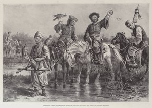 Mongol főnökök a királyi sólyomvadászaton a Dalay Nov tónál, Nyugat-Mongóliában